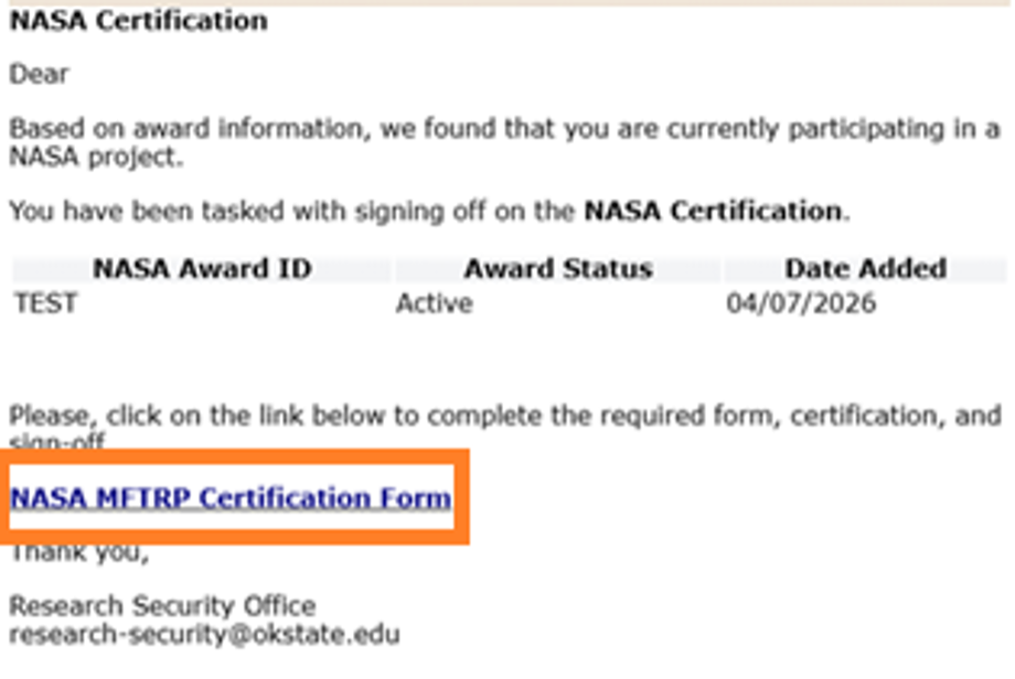 Click on NASA MFTRP Certification Form Link