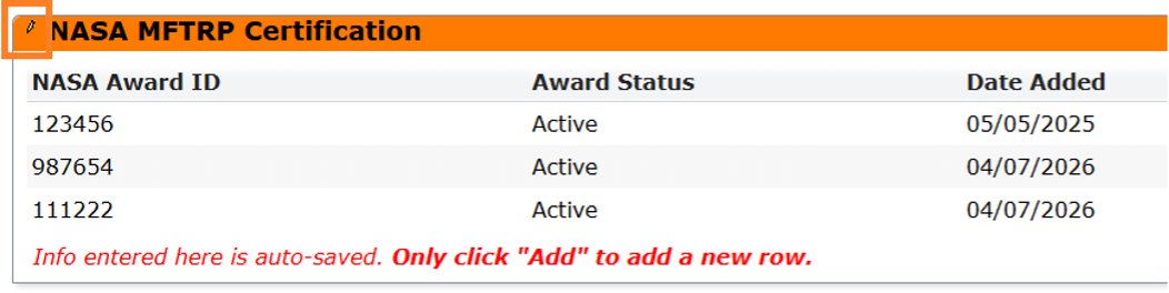 NASA MFTRP set to active-inactive